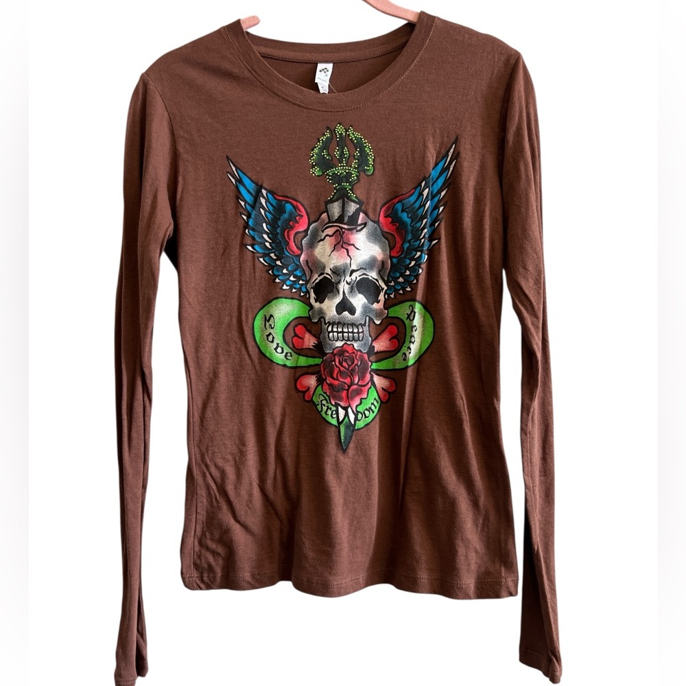 100% Cotton Brown Long Sleeve Skull Graphic Tee Size Medium